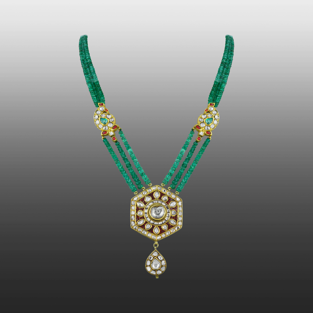 Triple-Strand Emerald Necklace with Red Stone, and Polki